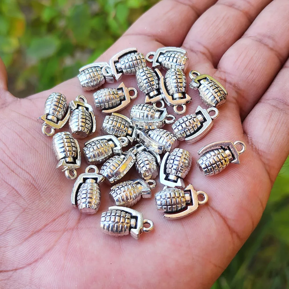 10/PCS PKG. HAND GRENADE CHARMS ANTIQUE SILVER FOR JEWELRY MAKING