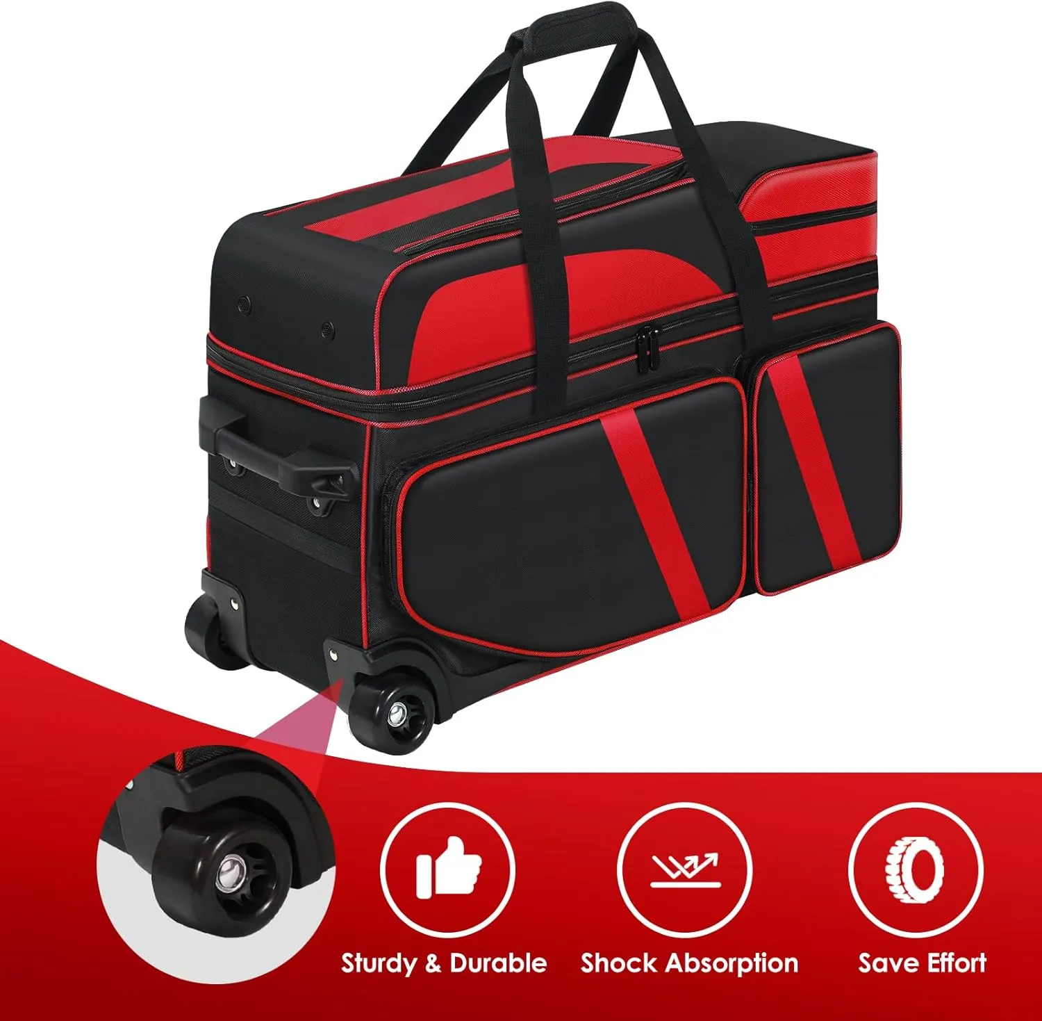 3 Ball Bowling Bags With Wheels, Bowling Bag With Shoes Compartment And Multiple Pockets, Roller With Retractable Handle Extends to 41.5