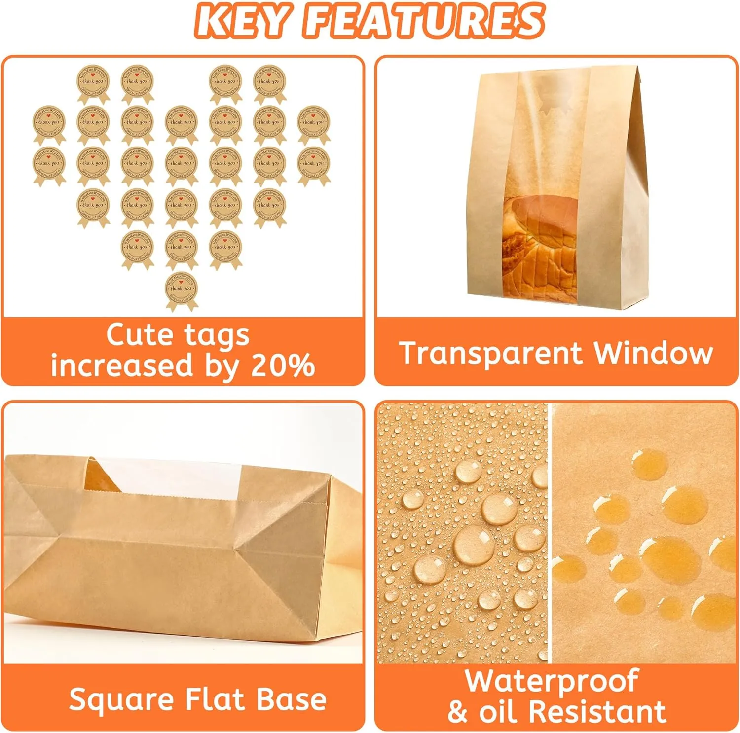 50 Pcs Bread Bags for Homemade Bread, Sourdough Paper Bread Bags With Window, 50% Thicker 13.7x8.2x3.7in A Large Bakery Bags Used for Storage Bread Cookies & Snacks, 60 Cute Sealing Stickers With Ties