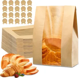 50 Pcs Bread Bags for Homemade Bread, Sourdough Paper Bread Bags With Window, 50% Thicker 13.7x8.2x3.7in A Large Bakery Bags Used for Storage Bread Cookies & Snacks, 60 Cute Sealing Stickers With Ties