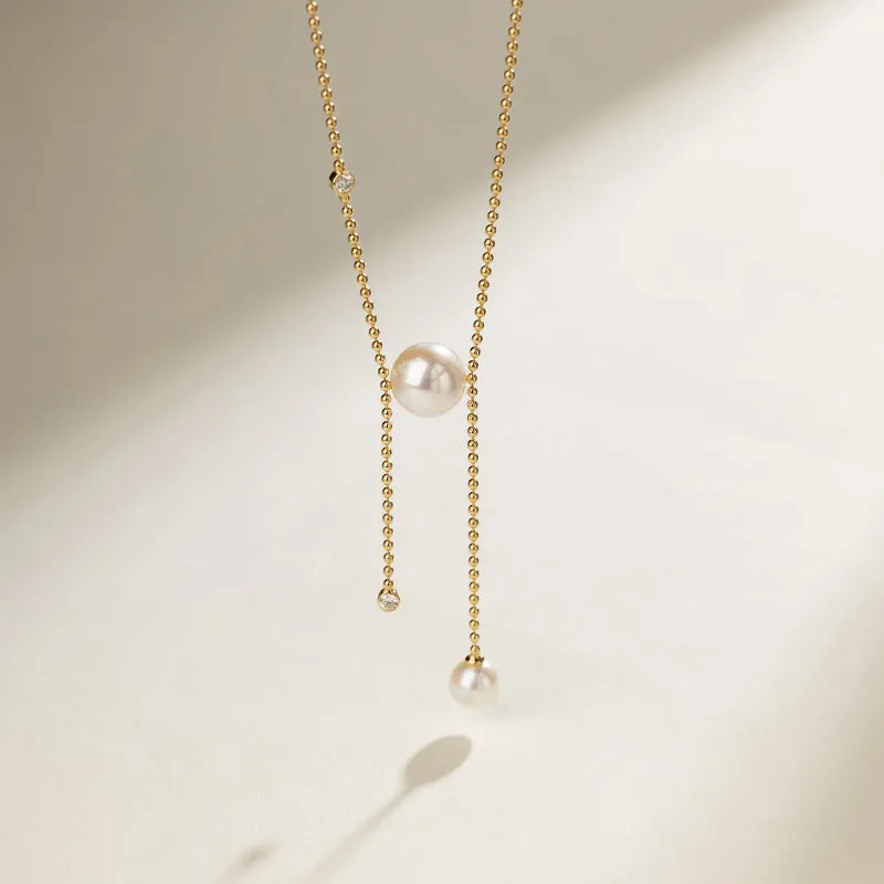 Akoya Saltwater Pearl 18K gold diamond H-shaped Luster Bead Chain Necklace