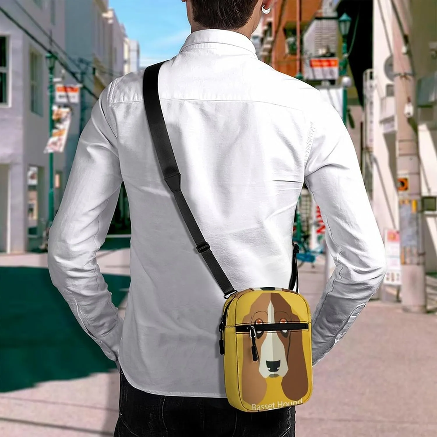 Basset Hound Dog On Yellow Adjustable Fanny Waist Pack Pouch, Waterproof Crossbody Runners Bag Wallet for Gym Hiking Fitness Women Men 6.1 x 2.2 x 7.9 inch
