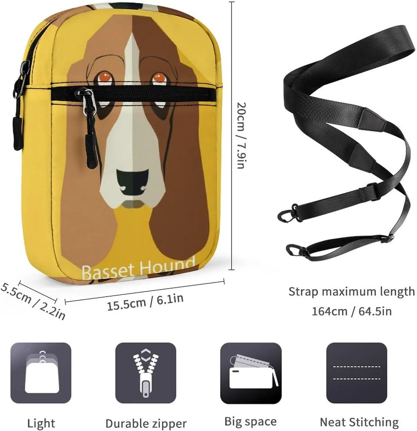 Basset Hound Dog On Yellow Adjustable Fanny Waist Pack Pouch, Waterproof Crossbody Runners Bag Wallet for Gym Hiking Fitness Women Men 6.1 x 2.2 x 7.9 inch
