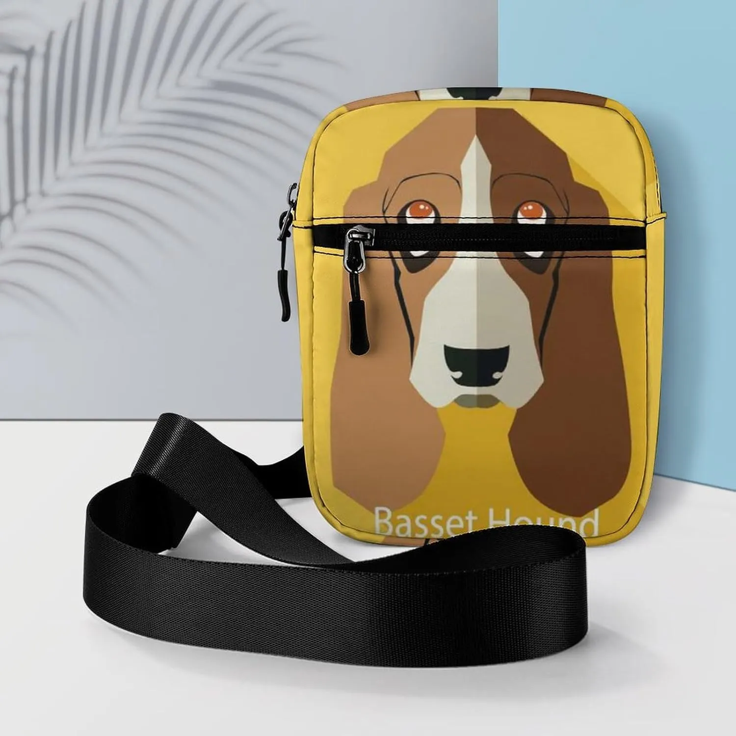 Basset Hound Dog On Yellow Adjustable Fanny Waist Pack Pouch, Waterproof Crossbody Runners Bag Wallet for Gym Hiking Fitness Women Men 6.1 x 2.2 x 7.9 inch
