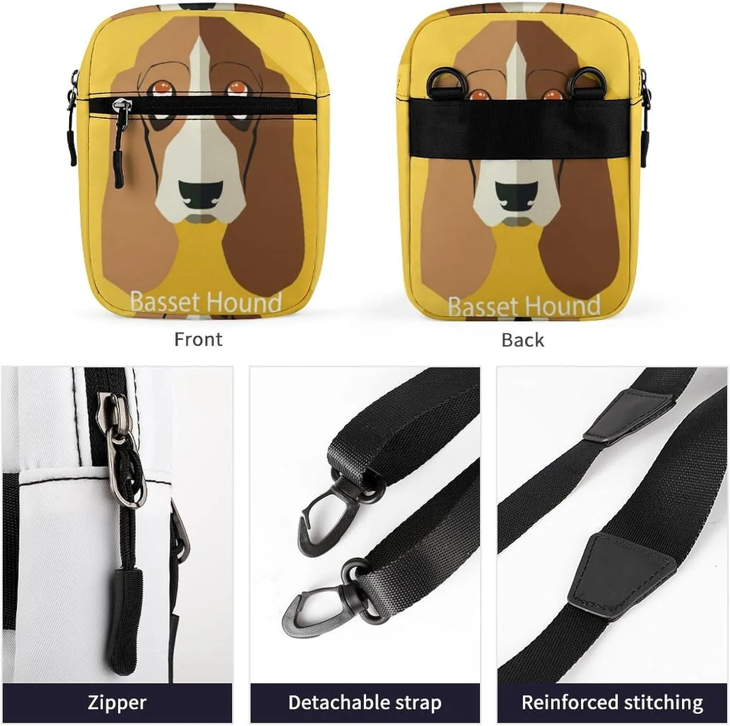 Basset Hound Dog On Yellow Adjustable Fanny Waist Pack Pouch, Waterproof Crossbody Runners Bag Wallet for Gym Hiking Fitness Women Men 6.1 x 2.2 x 7.9 inch