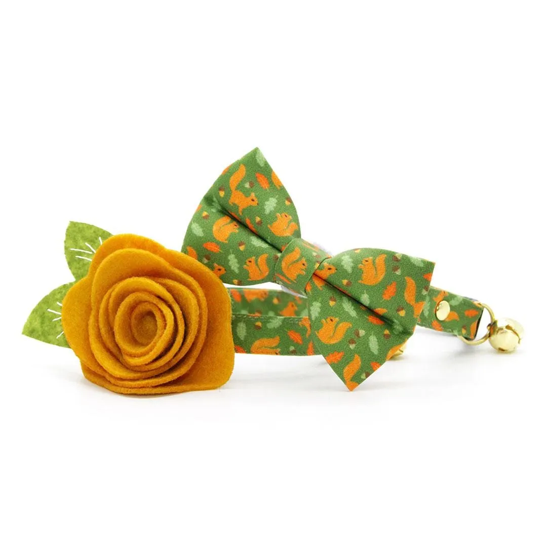 Cat Bow Tie - "Squirrel Bounty" - Acorn Green Bow Tie for Cat / Fall, Nature Lover, Forest Animals / Cat   Small Dog Bowtie