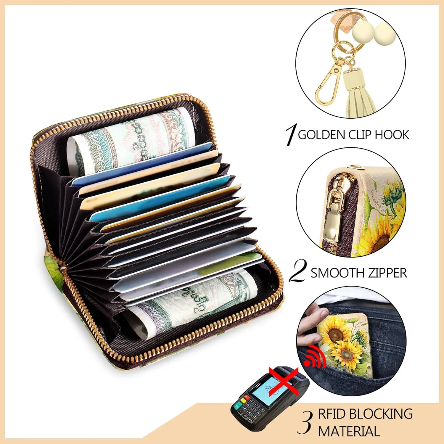 Credit Card Holder RFID Wallet, Small Card Holder Wallet for Women with Keychain Zipper, Funny Leather Print Credit Card Wallets Accordion Gift