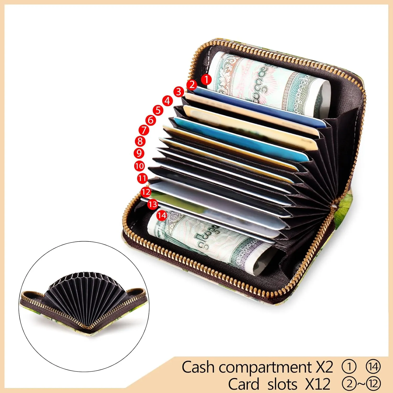 Credit Card Holder RFID Wallet, Small Card Holder Wallet for Women with Keychain Zipper, Funny Leather Print Credit Card Wallets Accordion Gift