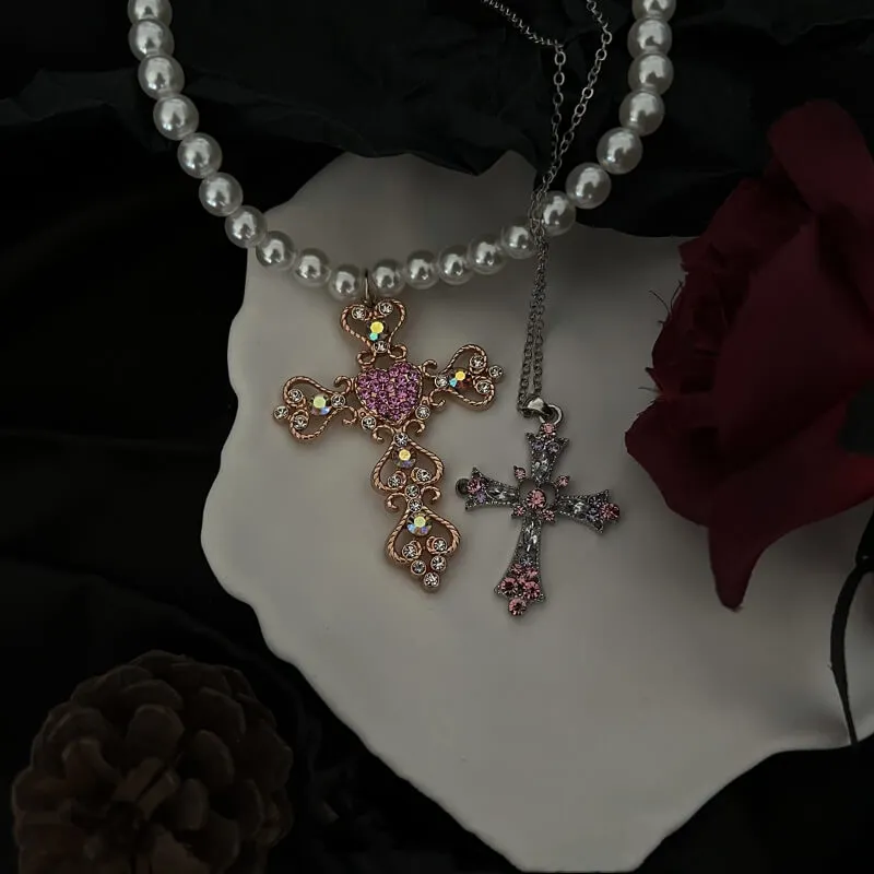 Cross diamond pearl necklace