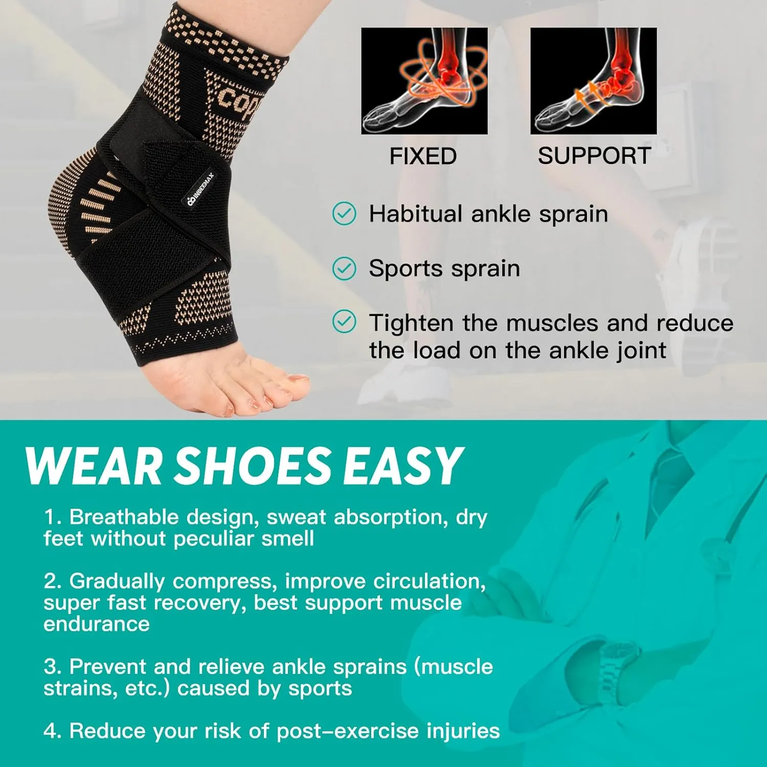 INDEEMAX Ankle Brace for Women & Men, Ankle Compression Sleeve Support Copper Infused Ankle Brace for Sprained Ankle, Plantar Fasciitis Sports, Achilles Tendonitis Pain Relief, Copper Black, M