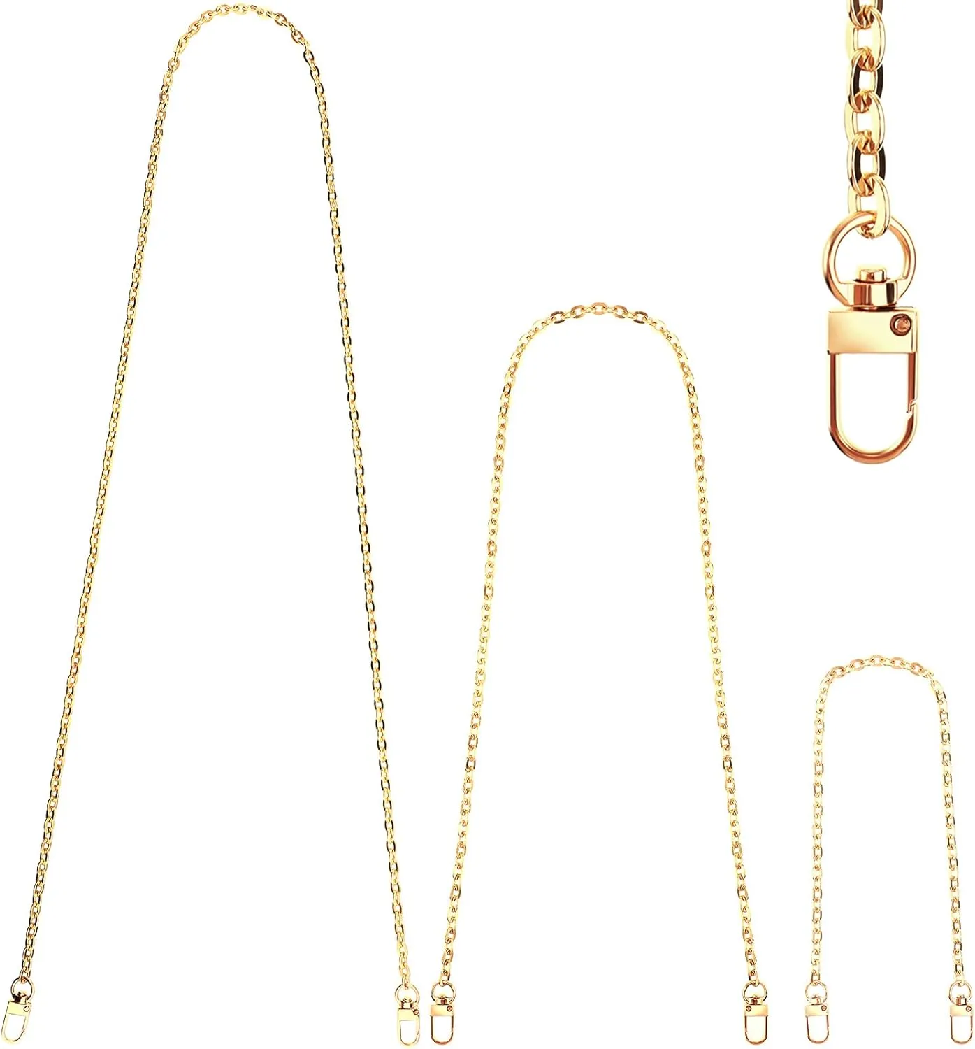 Junkin 3 Pcs Gold Purse Chains Replacement Purse Strap Flat Shoulder Link Chains, Classic Style Mini Metal with Metal Slide Hook Buckles for DIY Handbags Crafts 47 Inch 31 Inch 15 Inch
