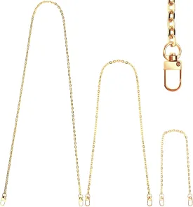Junkin 3 Pcs Gold Purse Chains Replacement Purse Strap Flat Shoulder Link Chains, Classic Style Mini Metal with Metal Slide Hook Buckles for DIY Handbags Crafts 47 Inch 31 Inch 15 Inch