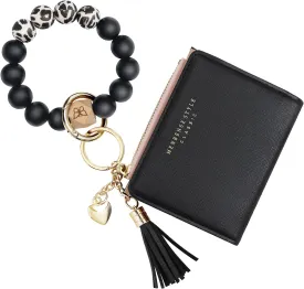 Keychain Bracelet Wristlet with Wallet Card Holder Pocket,Tassel Keychain Bangle Key Ring for Women