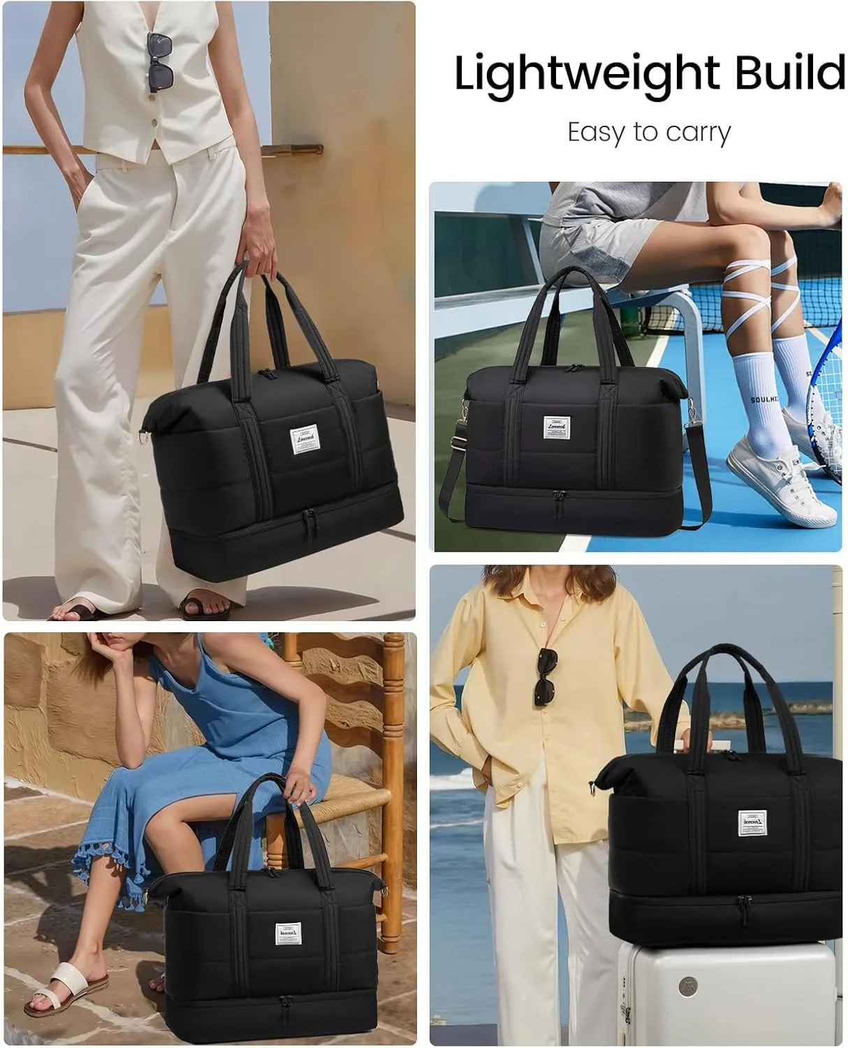 LOVEVOOK Travel Duffle Bag for Women, 3Pcs Puffer Large Weekender Overnight Bag with Shoe Compartment, Water Resistant Gym Duffel Bag, Carry on Bag for Hospital Delivery with Toiletry Organizer