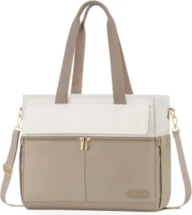 LOVEVOOK Women's Khaki Beige 15.6 Inch Laptop Tote Bag, Large Capacity Work Bags with Multiple Pockets, Water Resistant Computer Bag for Business Travel, Nurse, Teacher