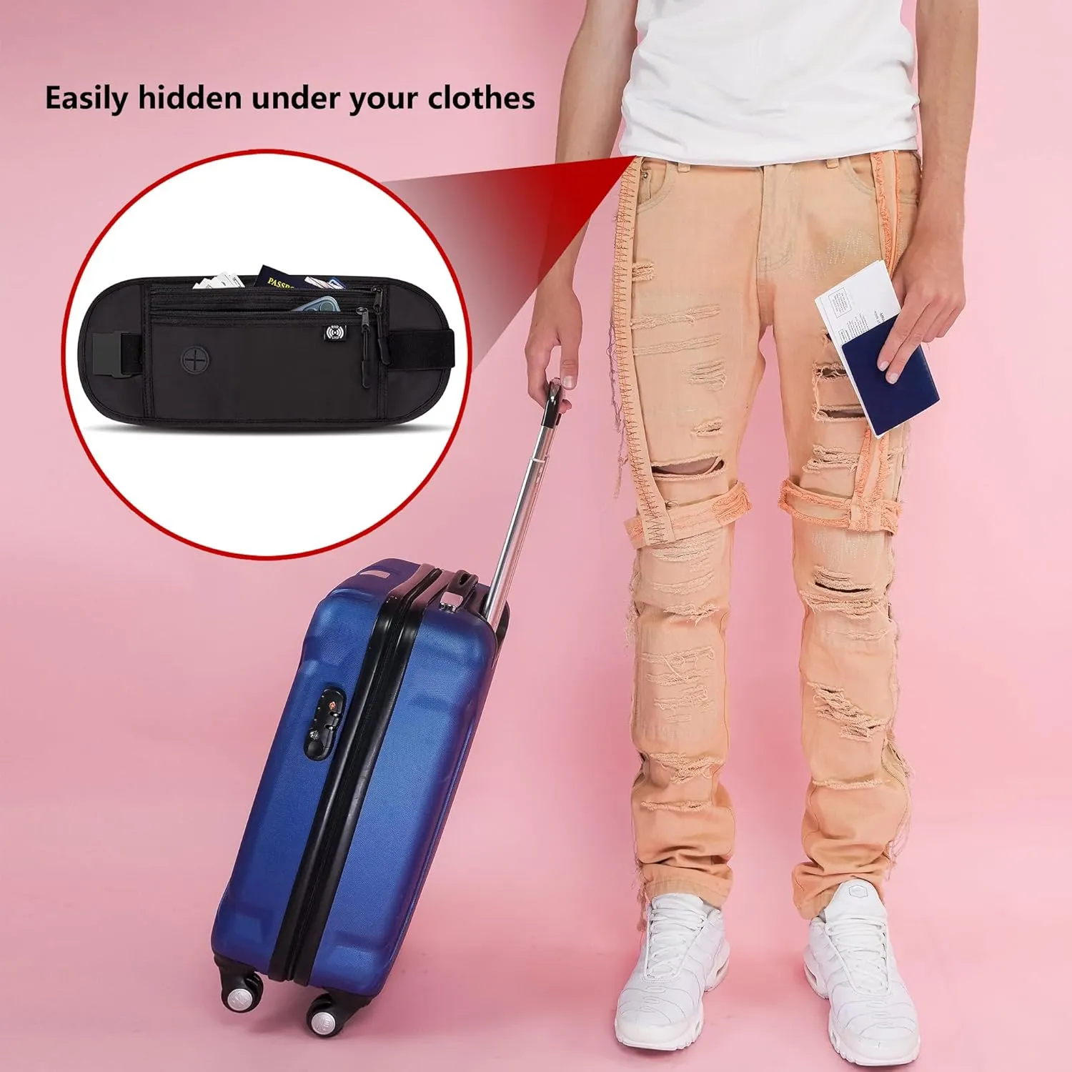 Money Belt for Travel Women Hidden Ginsco Slim RFID Blocking Passport Holder Unisex Travel Money Belt Under Clothes Anti Theft Travel Hidden Wallet for Travelling Workout Running Black 14''