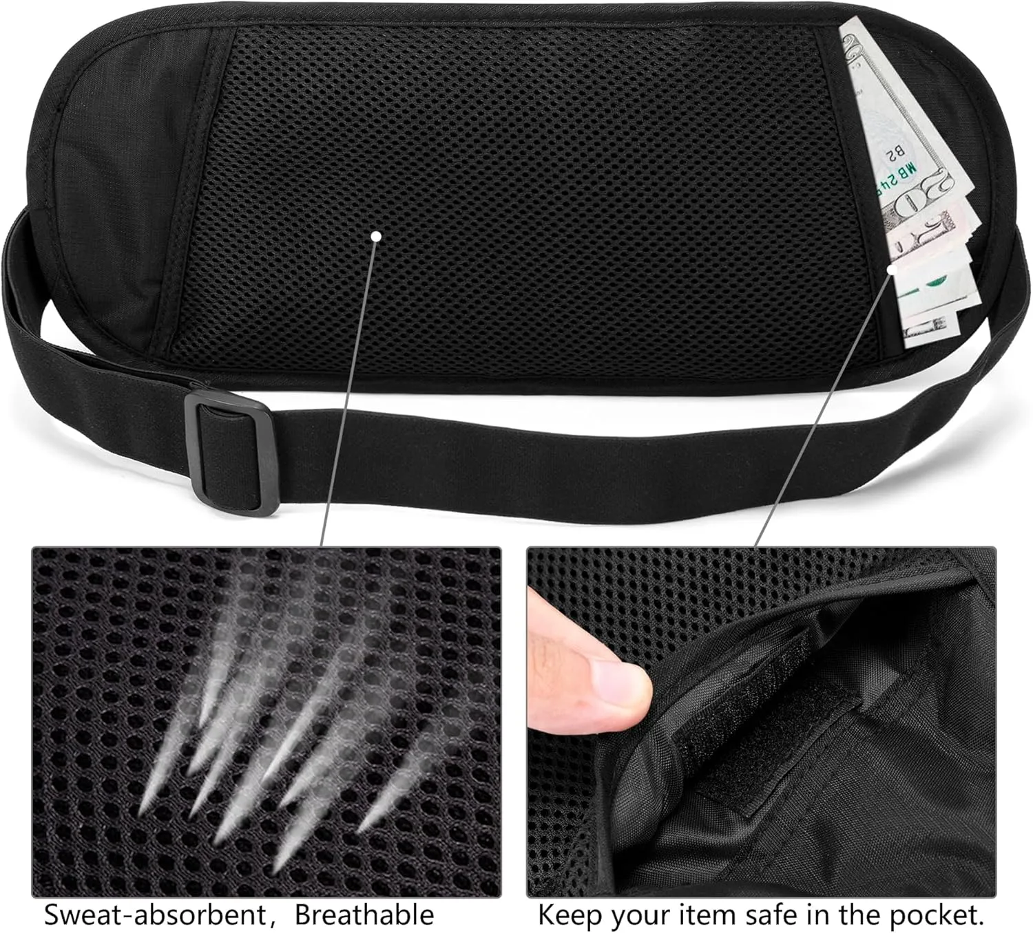 Money Belt for Travel Women Hidden Ginsco Slim RFID Blocking Passport Holder Unisex Travel Money Belt Under Clothes Anti Theft Travel Hidden Wallet for Travelling Workout Running Black 14''