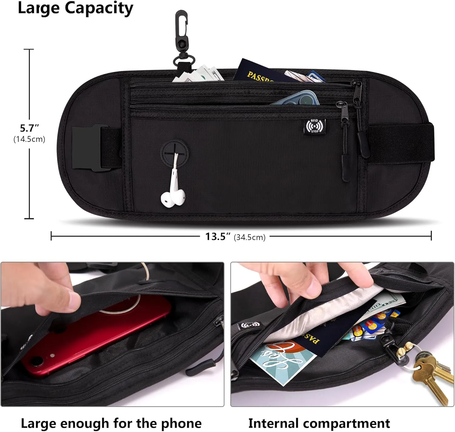Money Belt for Travel Women Hidden Ginsco Slim RFID Blocking Passport Holder Unisex Travel Money Belt Under Clothes Anti Theft Travel Hidden Wallet for Travelling Workout Running Black 14''