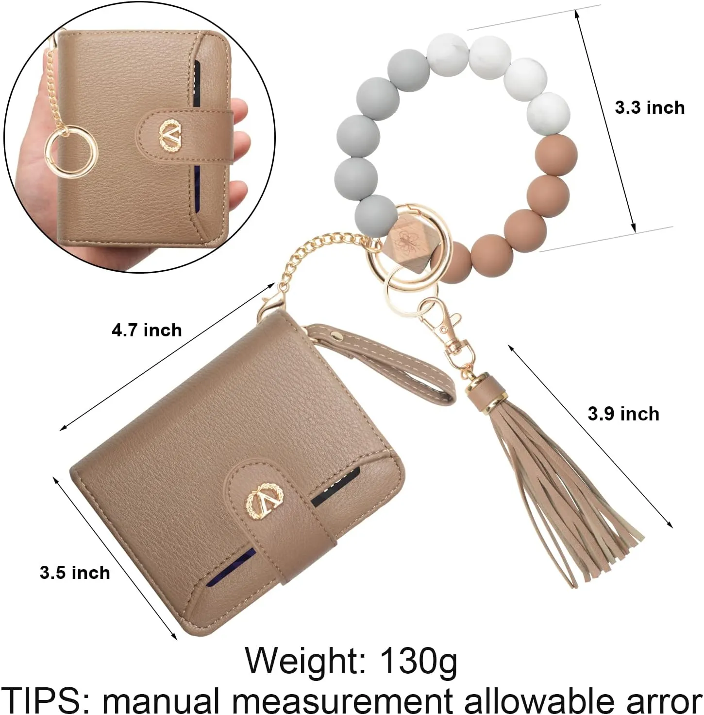 Multi-Purpose Wallet High Capacity Card Holder Zipper Coin Purse with Wristlet Bracelet Keychain Silicone Beaded Bangle Key Ring