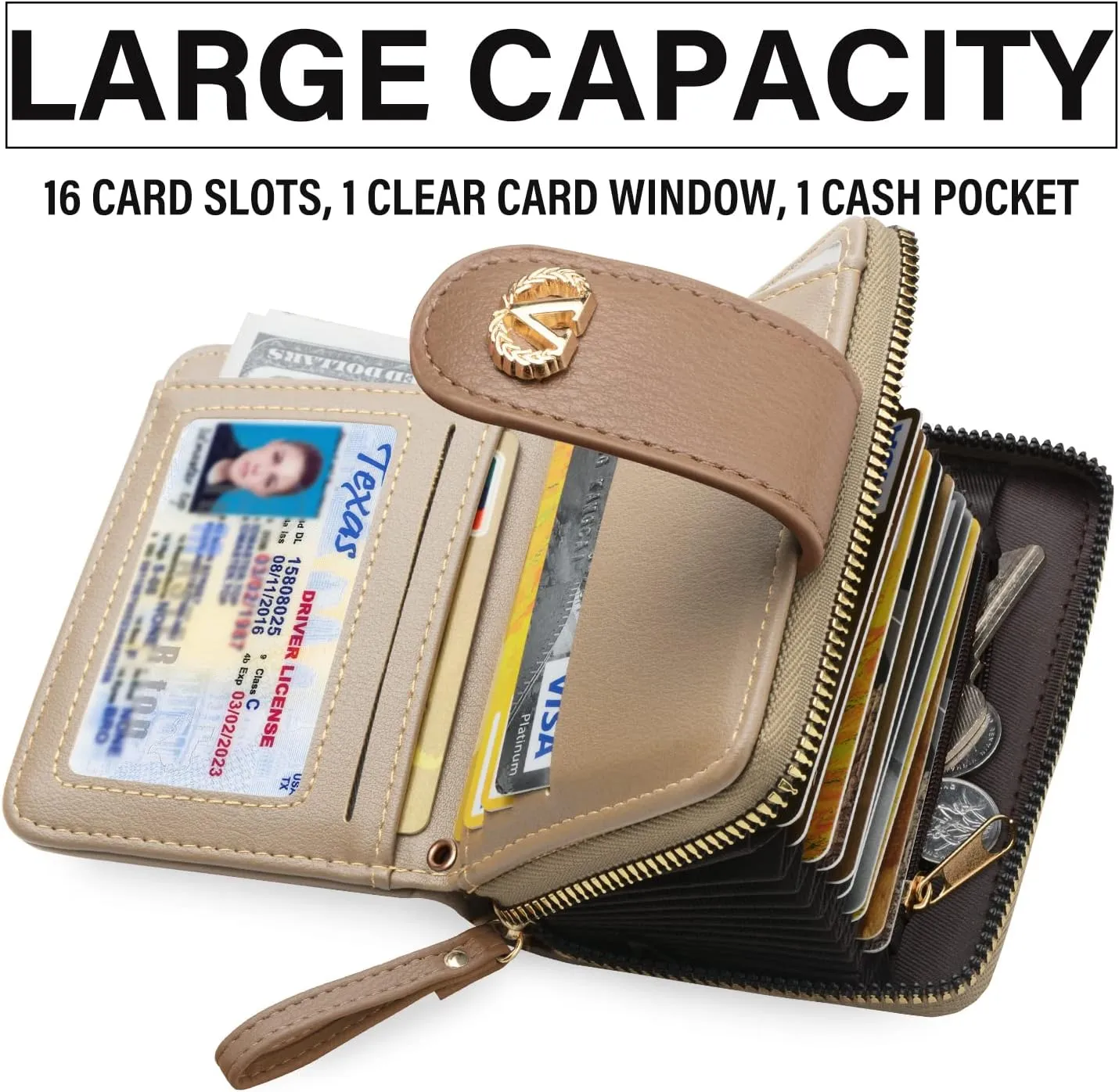 Multi-Purpose Wallet High Capacity Card Holder Zipper Coin Purse with Wristlet Bracelet Keychain Silicone Beaded Bangle Key Ring