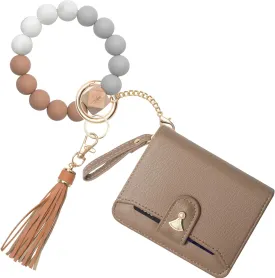 Multi-Purpose Wallet High Capacity Card Holder Zipper Coin Purse with Wristlet Bracelet Keychain Silicone Beaded Bangle Key Ring