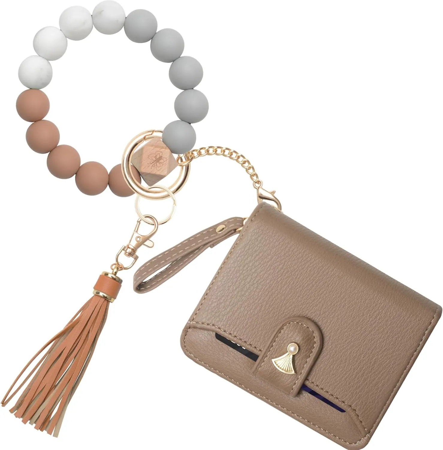 Multi-Purpose Wallet High Capacity Card Holder Zipper Coin Purse with Wristlet Bracelet Keychain Silicone Beaded Bangle Key Ring