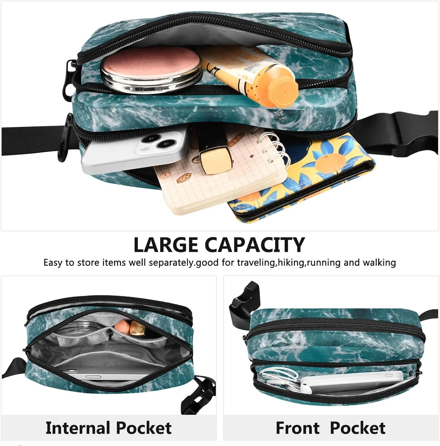 Oyihfvs Turquoise Ocean Wavy Surface Water Splashes Close Up Adjustable Fanny Waist Pack Pouch, Waterproof Runners Sports Waist Pack Wallet for Sports Hiking Fitness Cycling Gym Women Men