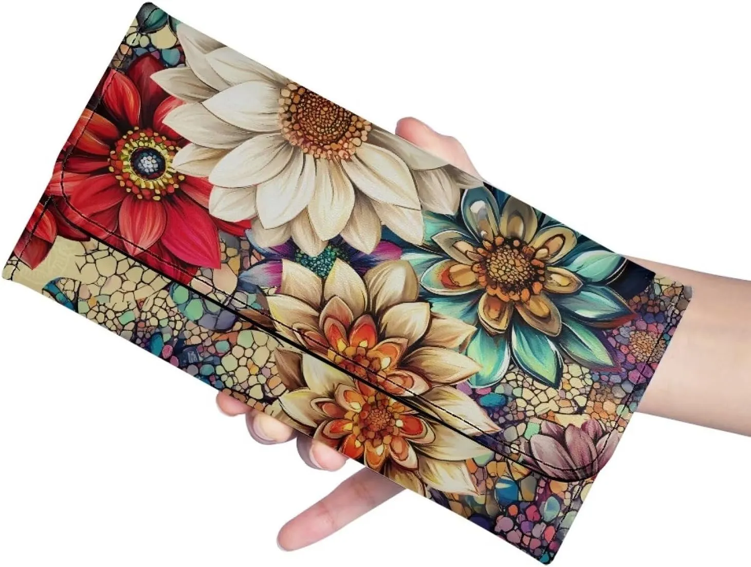 Painting Mandala Flowers Wallets for Women Slim Clutch Purse Handbag Card Holder Money Organizer, Boho Indian Floral Leather Billfold Wallet with Zipper Pocket