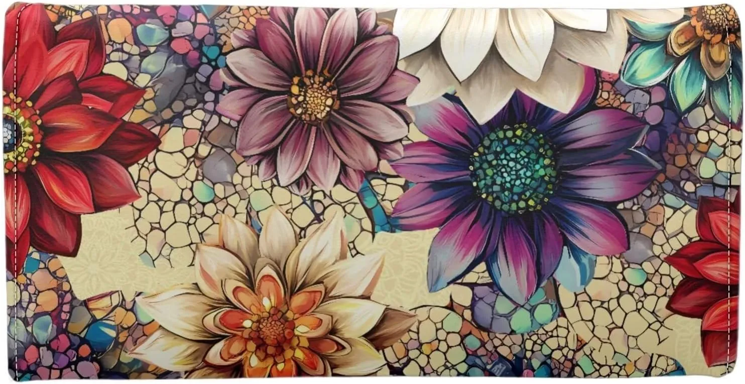 Painting Mandala Flowers Wallets for Women Slim Clutch Purse Handbag Card Holder Money Organizer, Boho Indian Floral Leather Billfold Wallet with Zipper Pocket