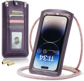 Small Crossbody Bag Cell Phone Purse for Women Men Leather Mini Shoulder Bag Wallet Case with Card Holder Slot Necklace Lanyard for All Smartphones iPhone Samsung Google Moto up to 7.3" Puple