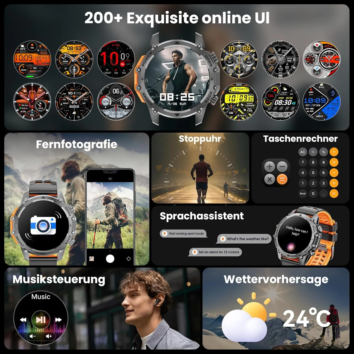 Smart Watches for Men Women(Calls/Answer)1.52'' Military Smart Watch for Android iPhone,100  Sport Modes/Heart Rate/Sleep Monitor,2025 New Fitness Tracker Two Bands and Accessories Kits-Orange,Blue
