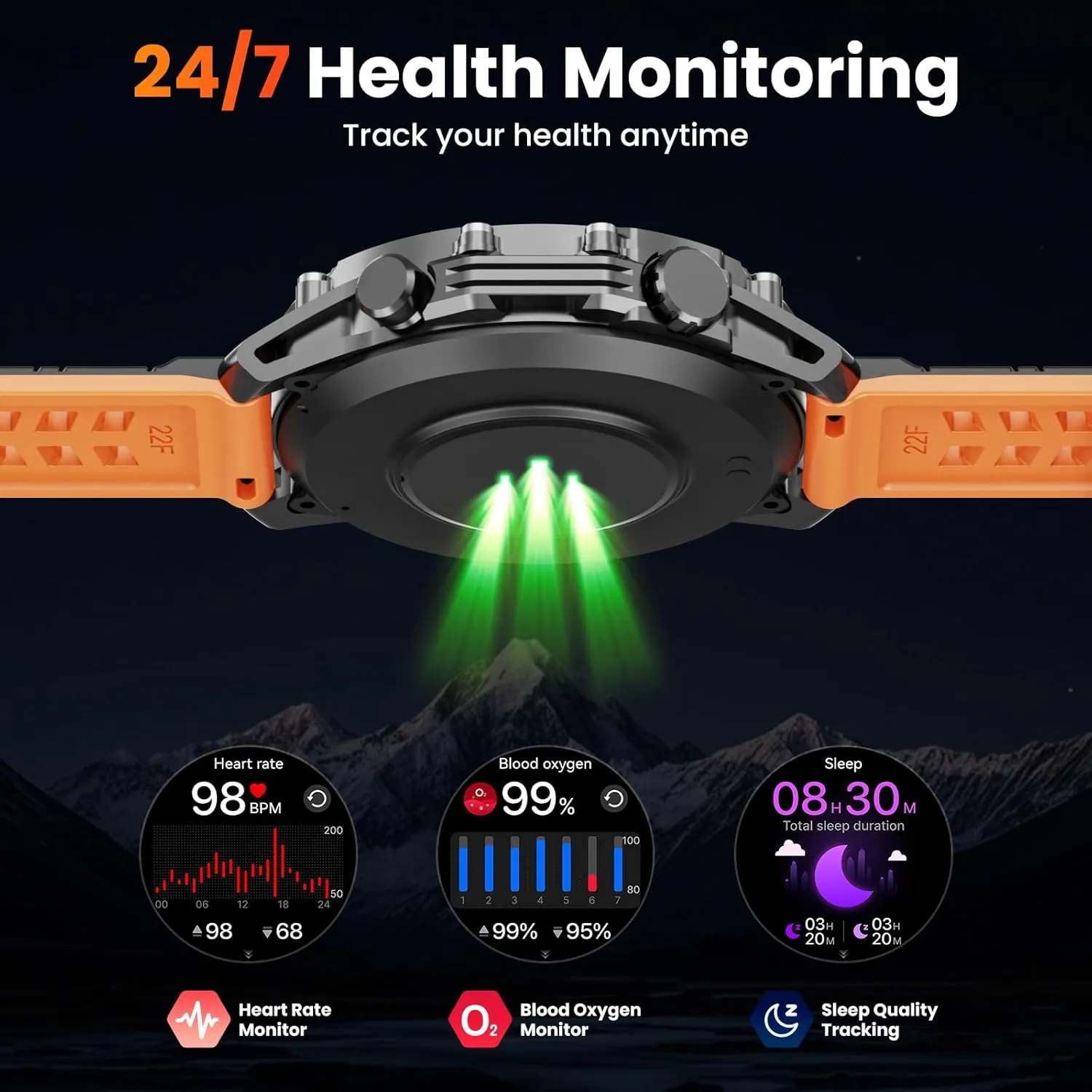 Smart Watches for Men Women(Calls/Answer)1.52'' Military Smart Watch for Android iPhone,100  Sport Modes/Heart Rate/Sleep Monitor,2025 New Fitness Tracker Two Bands and Accessories Kits-Orange,Blue