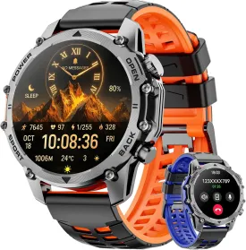 Smart Watches for Men Women(Calls/Answer)1.52'' Military Smart Watch for Android iPhone,100  Sport Modes/Heart Rate/Sleep Monitor,2025 New Fitness Tracker Two Bands and Accessories Kits-Orange,Blue