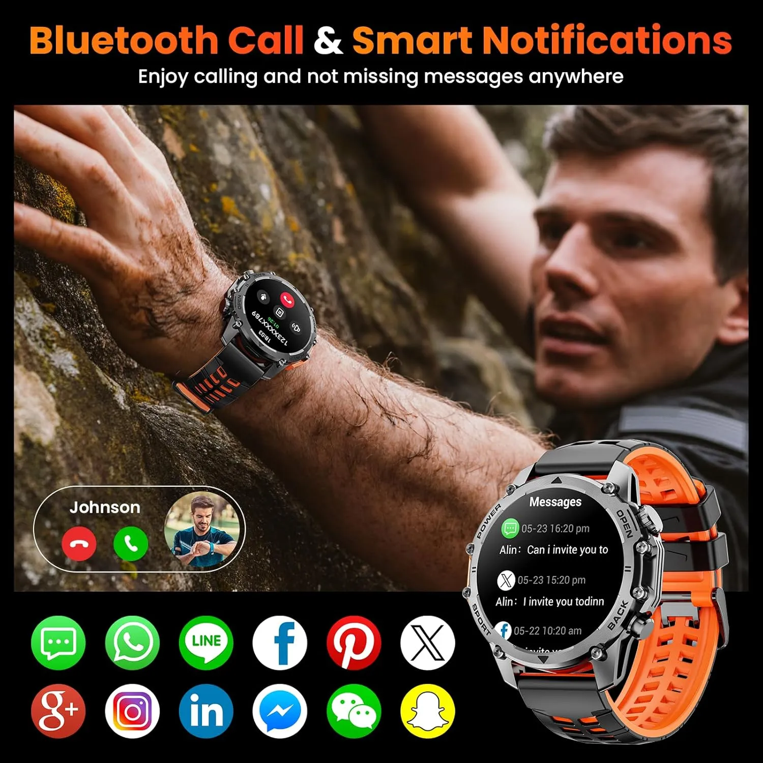 Smart Watches for Men Women(Calls/Answer)1.52'' Military Smart Watch for Android iPhone,100  Sport Modes/Heart Rate/Sleep Monitor,2025 New Fitness Tracker Two Bands and Accessories Kits-Orange,Blue