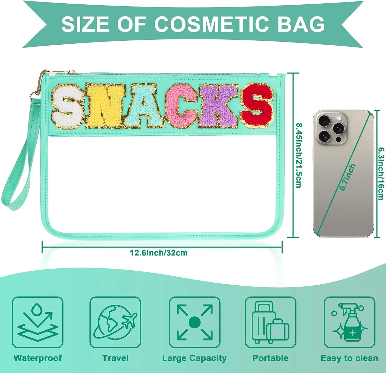 Snack Bag for Travel - Clear Chenille Varsity Letter Flat Pouch with Zipper, Waterproof Clear Nylon Preppy Patch Makeup Cosmetic tote Bags for Women Girls