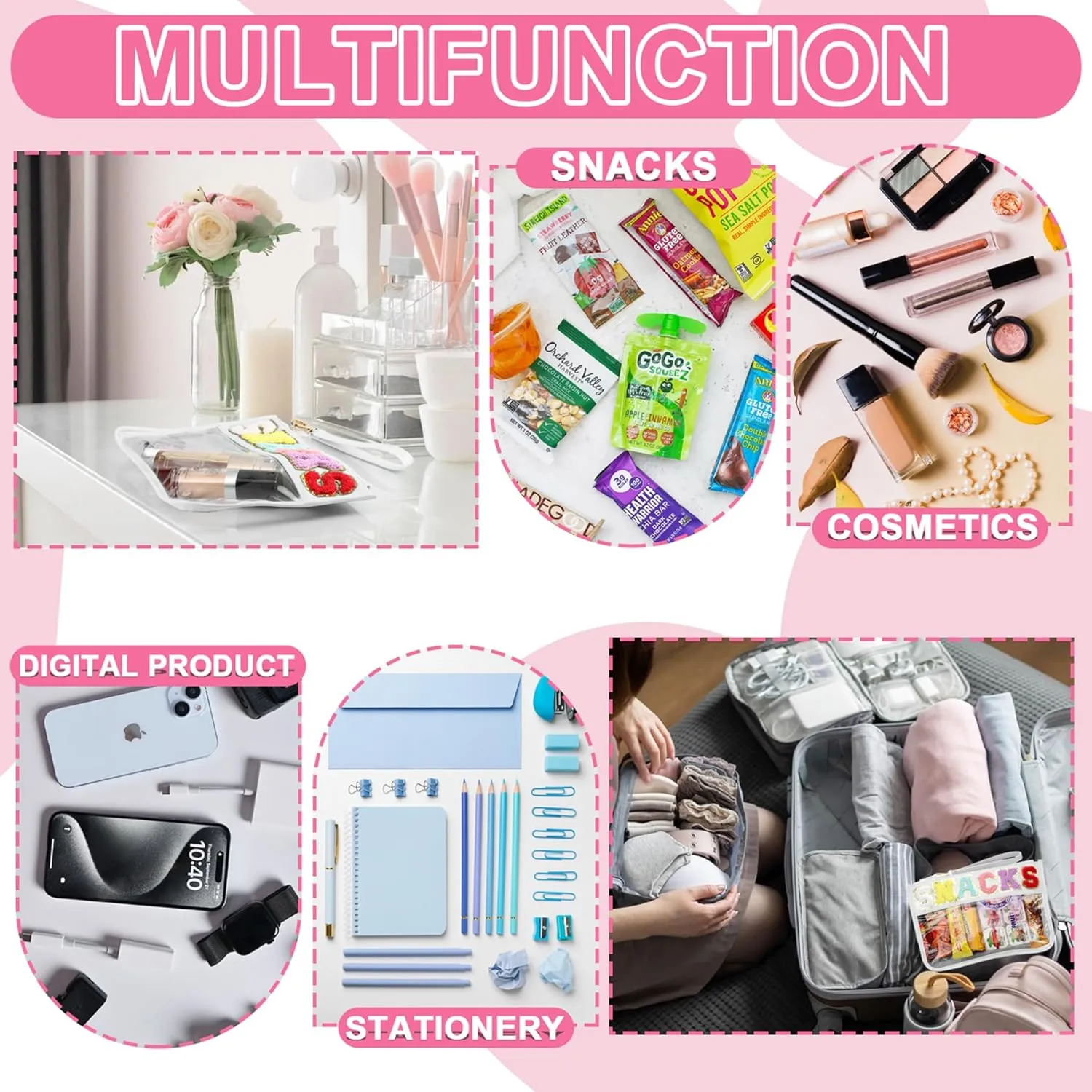 Snack Bag for Travel - Clear Chenille Varsity Letter Flat Pouch with Zipper, Waterproof Clear Nylon Preppy Patch Makeup Cosmetic tote Bags for Women Girls