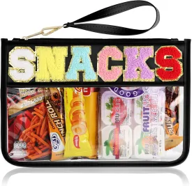 Snack Bag for Travel - Clear Chenille Varsity Letter Flat Pouch with Zipper, Waterproof Clear Nylon Preppy Patch Makeup Cosmetic tote Bags for Women Girls