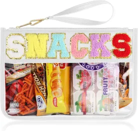 Snack Bag for Travel - Clear Chenille Varsity Letter Flat Pouch with Zipper, Waterproof Clear Nylon Preppy Patch Makeup Cosmetic tote Bags for Women Girls