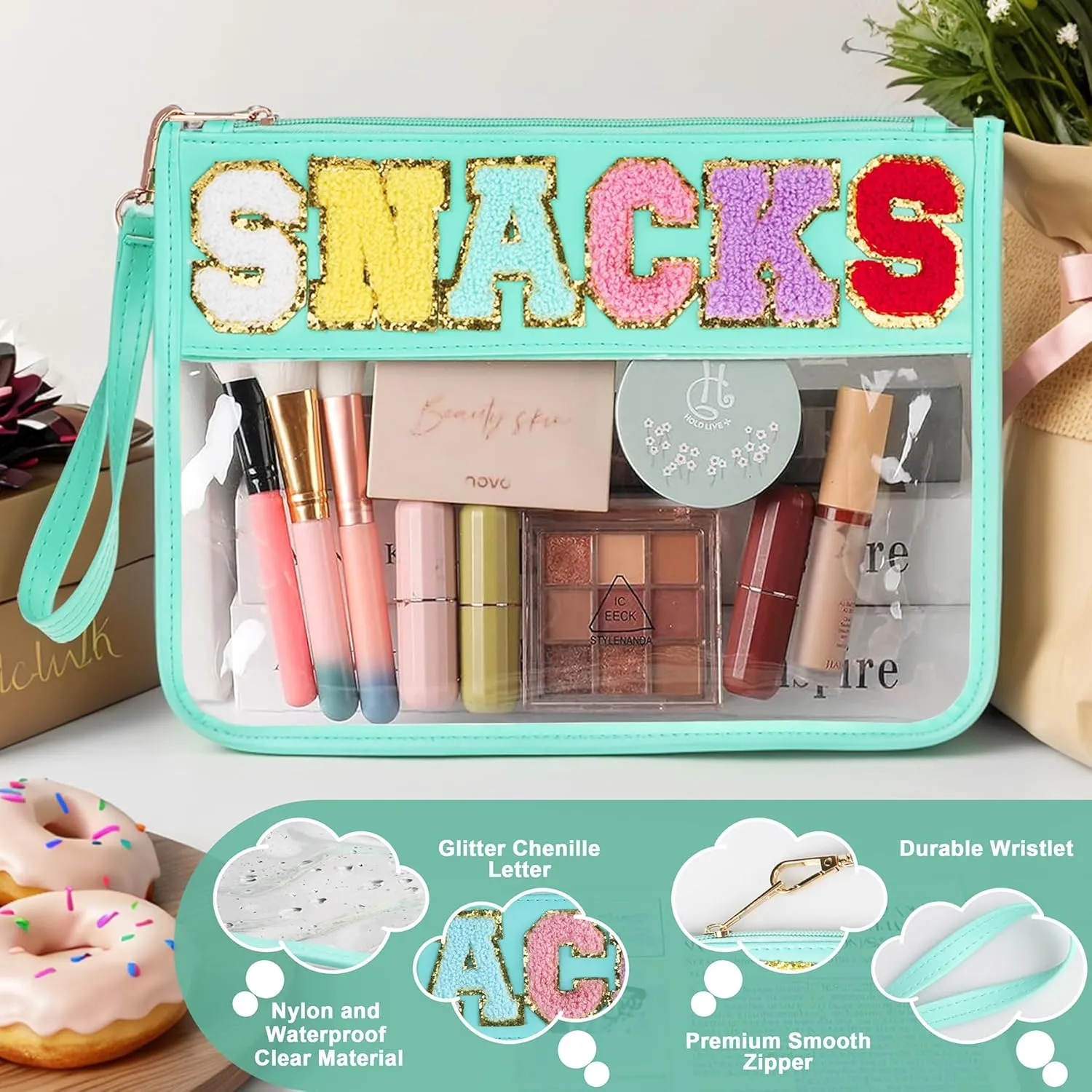 Snack Bag for Travel - Clear Chenille Varsity Letter Flat Pouch with Zipper, Waterproof Clear Nylon Preppy Patch Makeup Cosmetic tote Bags for Women Girls