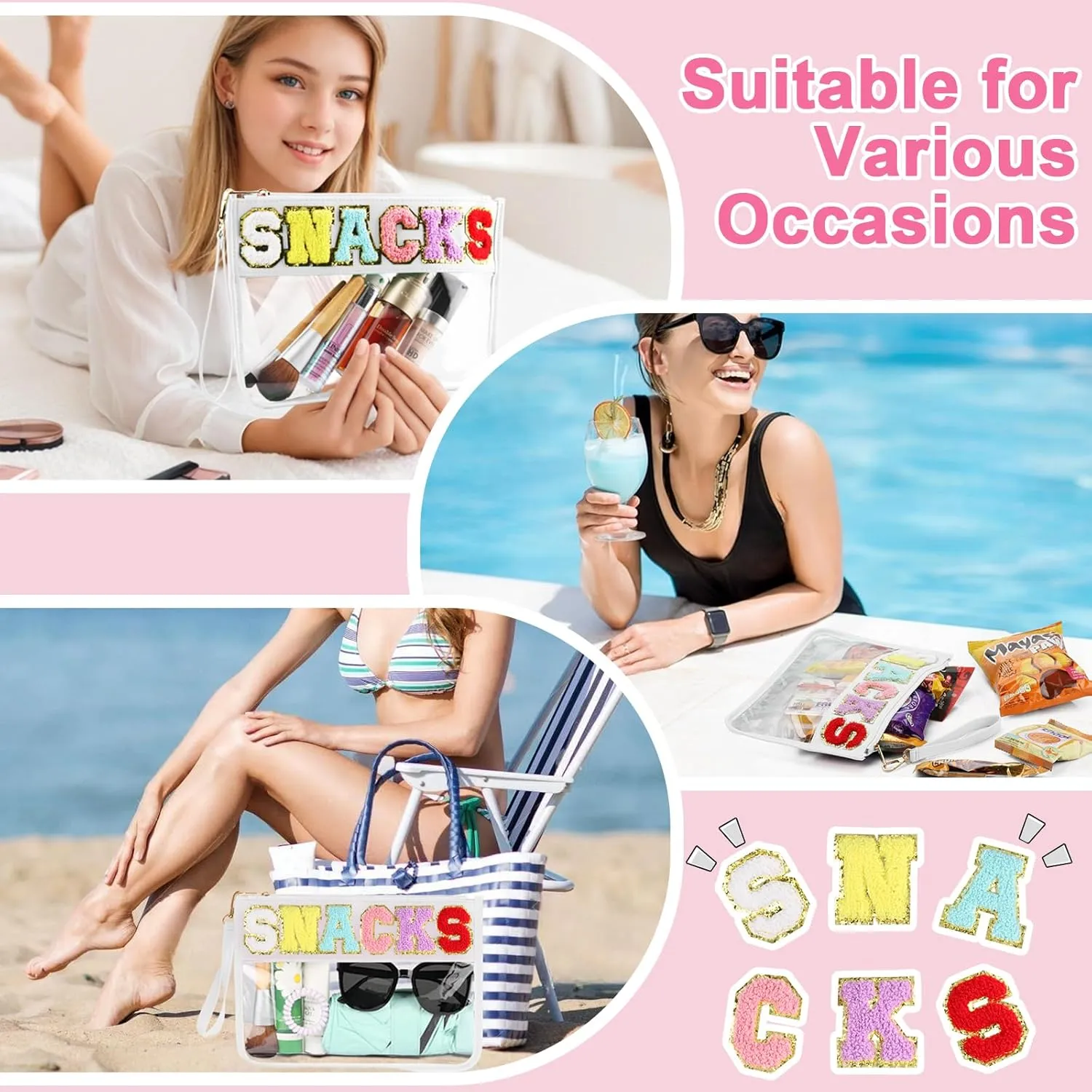 Snack Bag for Travel - Clear Chenille Varsity Letter Flat Pouch with Zipper, Waterproof Clear Nylon Preppy Patch Makeup Cosmetic tote Bags for Women Girls