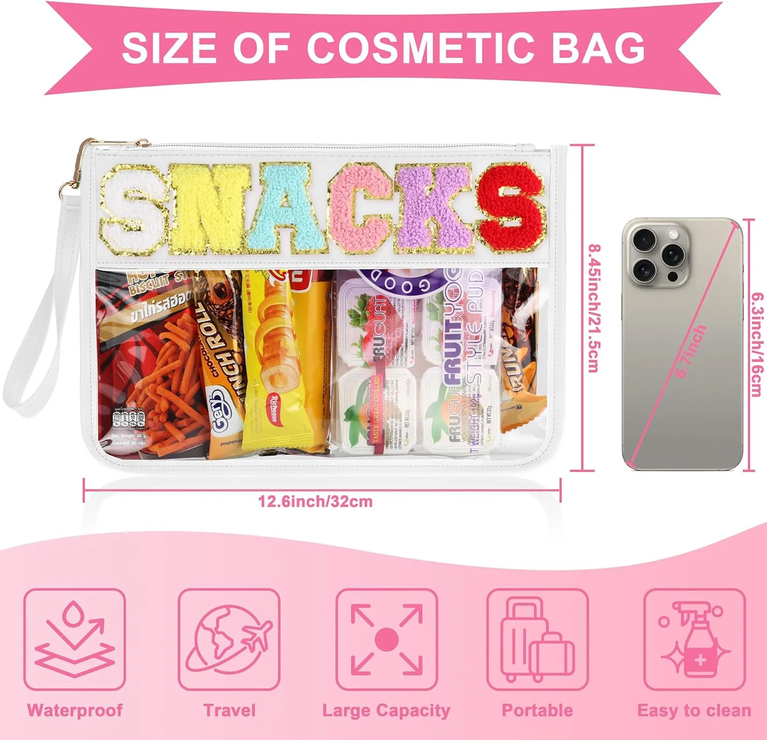 Snack Bag for Travel - Clear Chenille Varsity Letter Flat Pouch with Zipper, Waterproof Clear Nylon Preppy Patch Makeup Cosmetic tote Bags for Women Girls