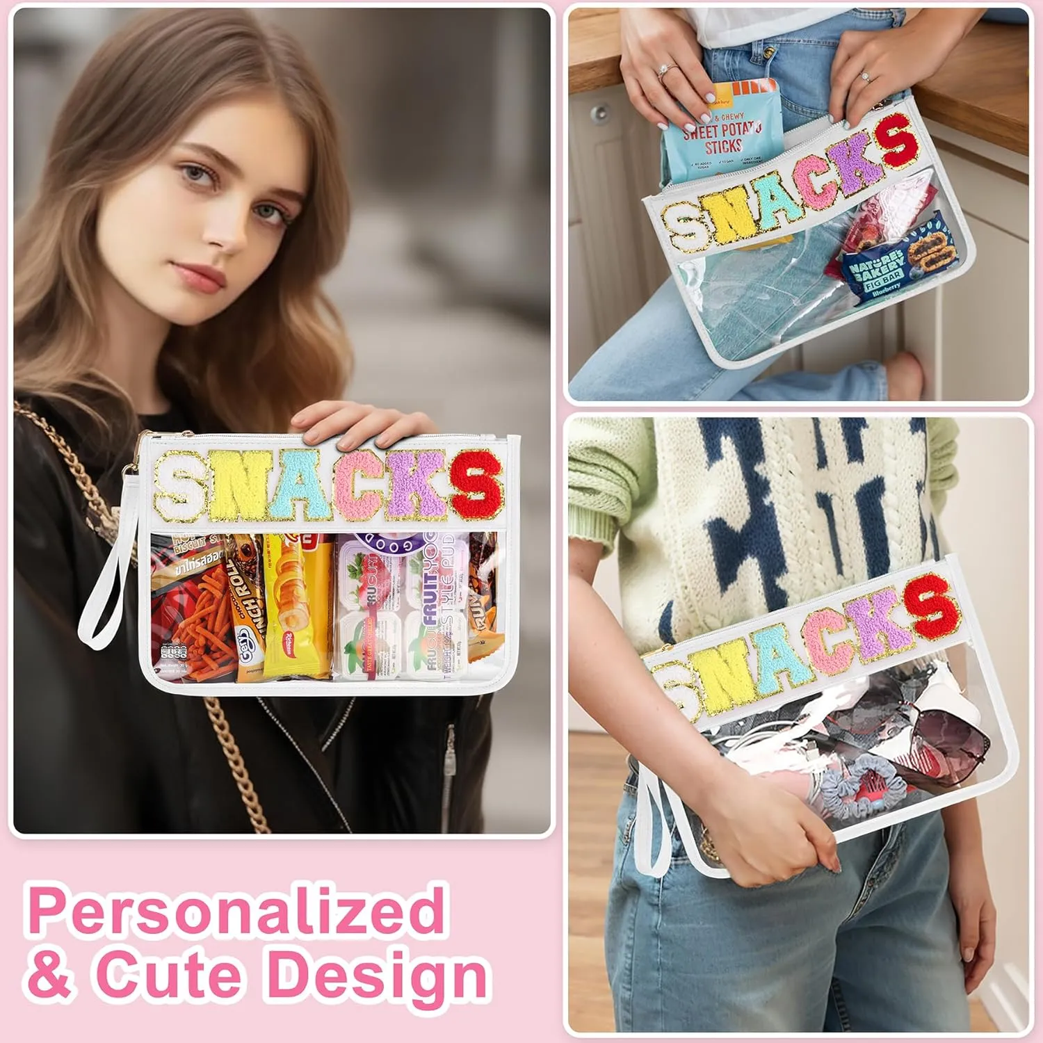 Snack Bag for Travel - Clear Chenille Varsity Letter Flat Pouch with Zipper, Waterproof Clear Nylon Preppy Patch Makeup Cosmetic tote Bags for Women Girls