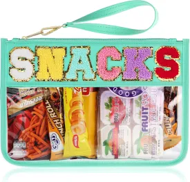 Snack Bag for Travel - Clear Chenille Varsity Letter Flat Pouch with Zipper, Waterproof Clear Nylon Preppy Patch Makeup Cosmetic tote Bags for Women Girls