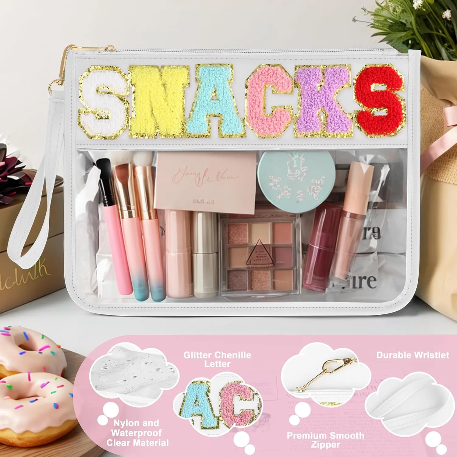 Snack Bag for Travel - Clear Chenille Varsity Letter Flat Pouch with Zipper, Waterproof Clear Nylon Preppy Patch Makeup Cosmetic tote Bags for Women Girls