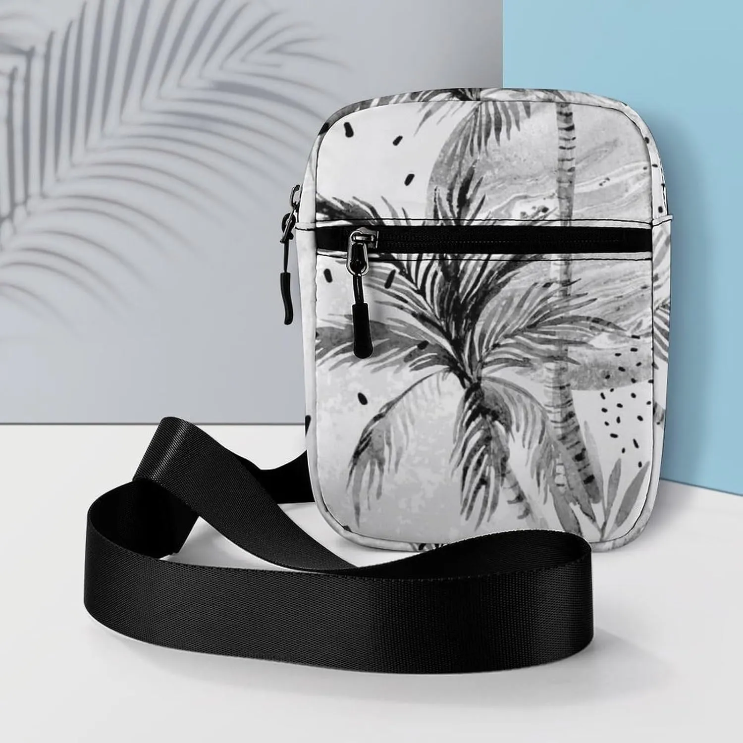 Summer Sun Seamless Tropical Palm Tree Leaves, Black Dots Rain Drops Adjustable Fanny Waist Pack Pouch, Waterproof Crossbody Runners Bag Wallet for Gym Hiking Fitness Women Men 6.1 x 2.2 x 7.9 inch