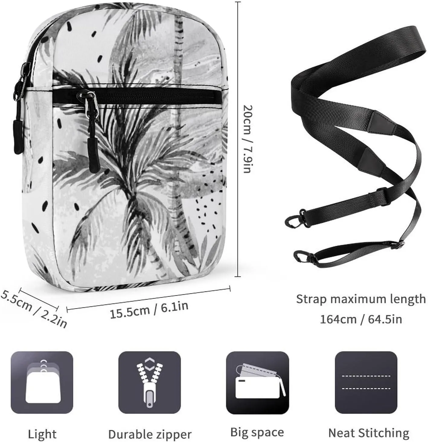 Summer Sun Seamless Tropical Palm Tree Leaves, Black Dots Rain Drops Adjustable Fanny Waist Pack Pouch, Waterproof Crossbody Runners Bag Wallet for Gym Hiking Fitness Women Men 6.1 x 2.2 x 7.9 inch