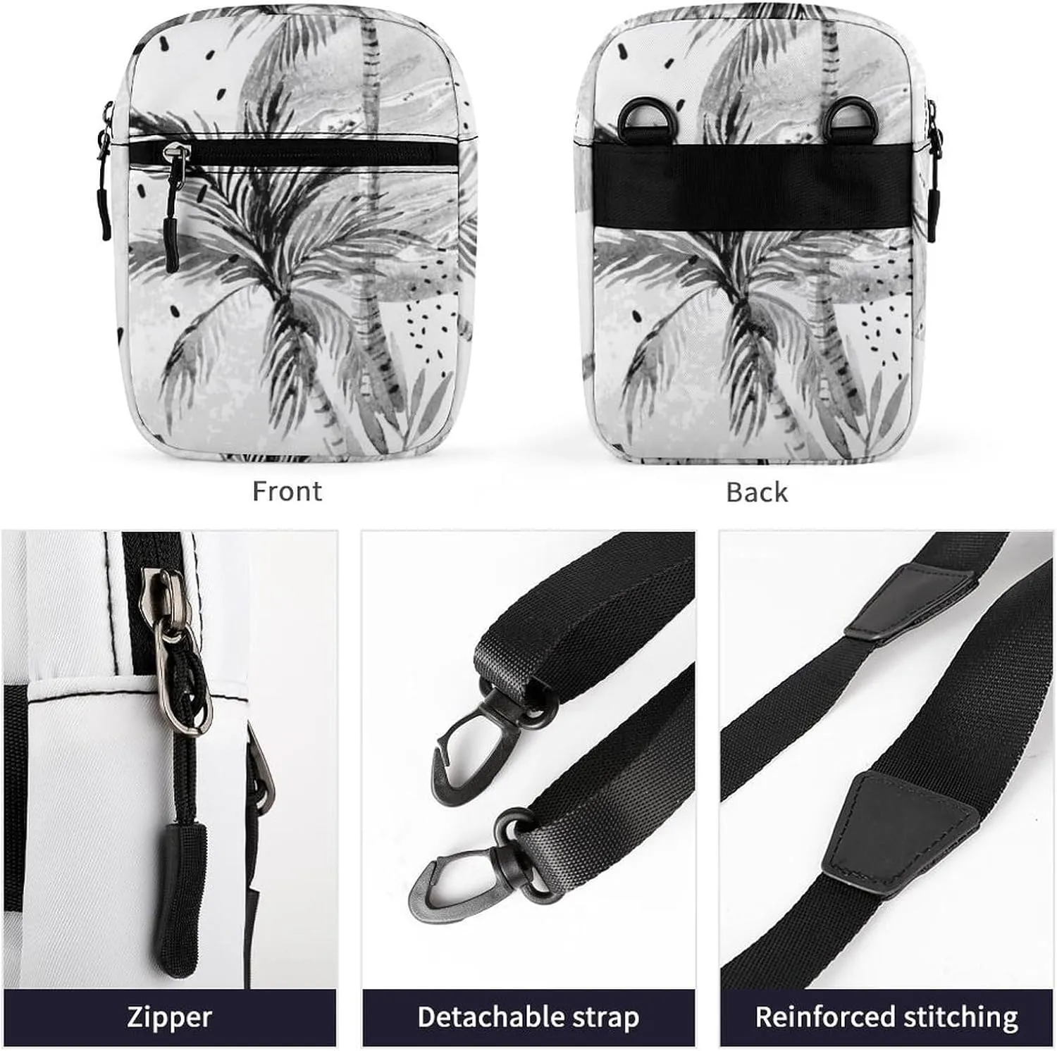 Summer Sun Seamless Tropical Palm Tree Leaves, Black Dots Rain Drops Adjustable Fanny Waist Pack Pouch, Waterproof Crossbody Runners Bag Wallet for Gym Hiking Fitness Women Men 6.1 x 2.2 x 7.9 inch