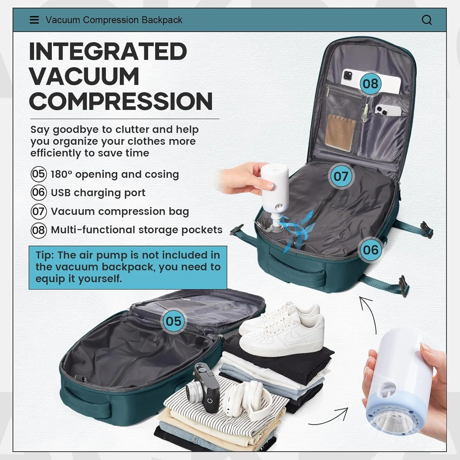 Vacuum Travel Backpack with Pump for Women Men Carry on Backpack Luggage Flight Approved Personal item Travel Bag Essentials With Wet and Dry Separation Bag