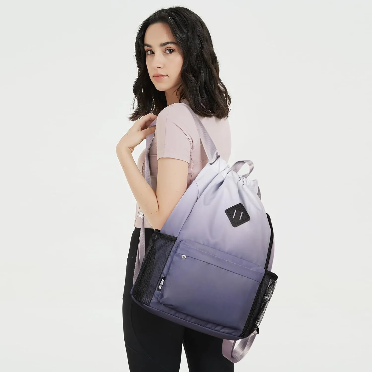 WANDF Drawstring Backpack Sports Gym Bag with Shoes Compartment, Water-Resistant String Backpack Cinch Bag for Women Men (Grey Gradient)