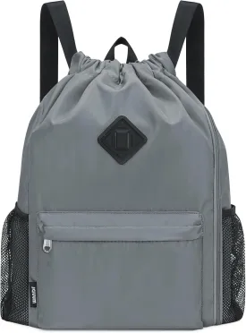 WANDF Drawstring Backpack Sports Gym Bag with Shoes Compartment, Water-Resistant String Backpack Cinch for Women Men(Large,Grey)